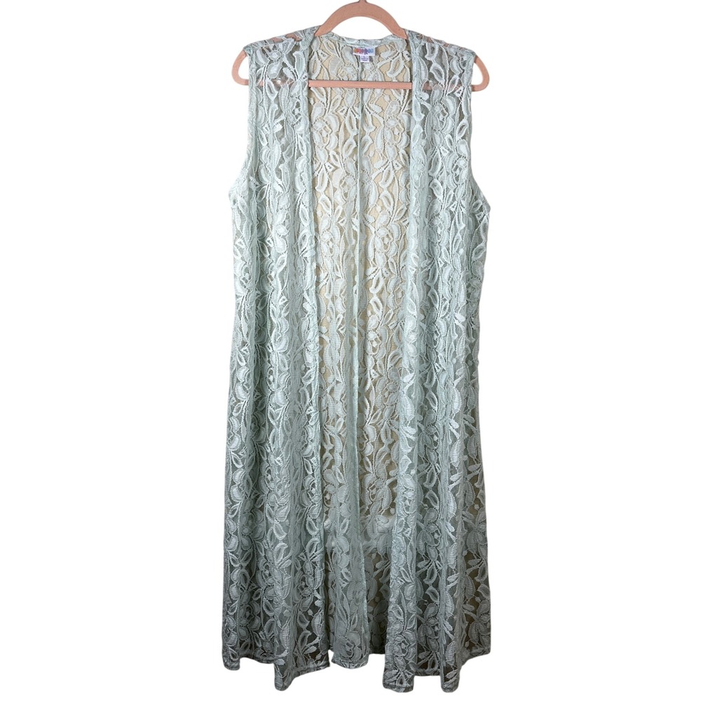 LuLaRoe Joy Mint Green Floral Lace Longline Duster Vest Cardigan L Festival Boh0 - Picture 2 of 9